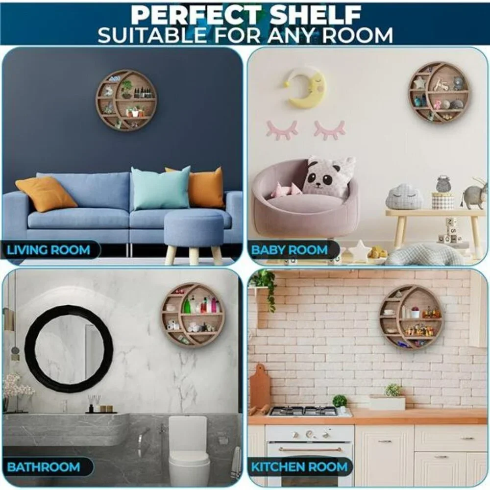 Wooden Moon Wall Shelf Boho Hanging Display Shelf Crystal Storage Decor